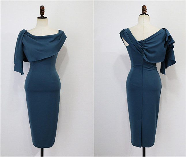 CM-DF091801 Women Elegant Seoul Style Flouncing Boat Neck Bodycon Dress - Blue