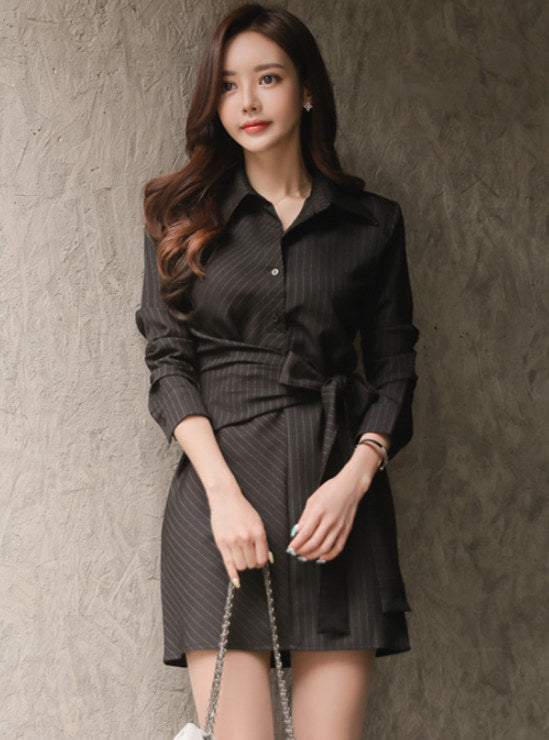 CM-DF091805 Women Casual Seoul Style Tie Waist Stripes Loosen Shirt Dress