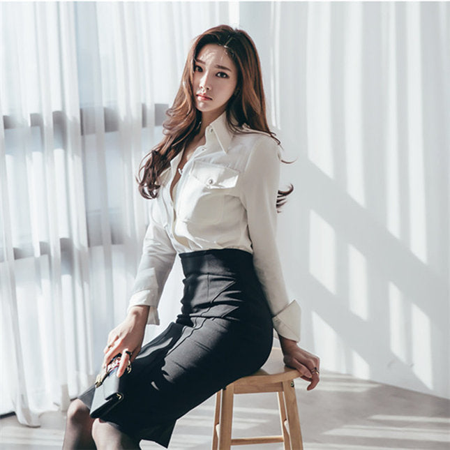 CM-SF091816 Women Elegant Seoul Style Shirt Collar With High Waist Slim Skirt - Set