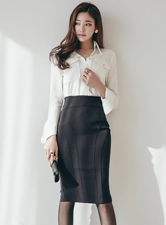 CM-SF091816 Women Elegant Seoul Style Shirt Collar With High Waist Slim Skirt - Set