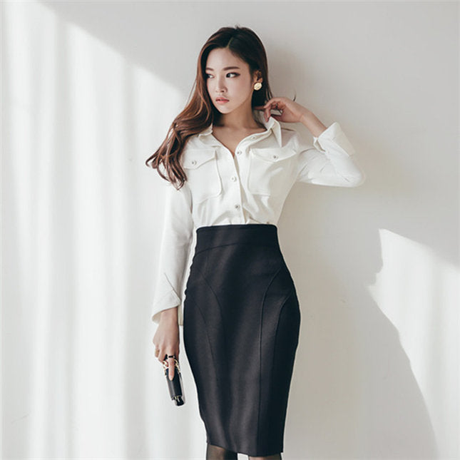 CM-SF091816 Women Elegant Seoul Style Shirt Collar With High Waist Slim Skirt - Set