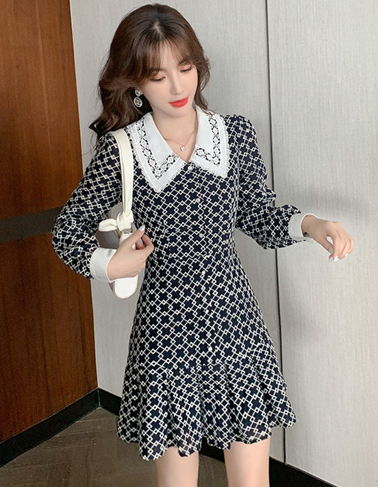 CM-DF091903 Women Lovely Seoul Style Lace Doll Collar Embroidery Plaids Dress