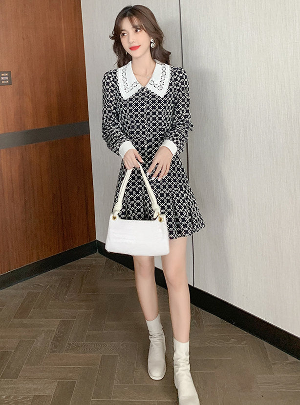 CM-DF091903 Women Lovely Seoul Style Lace Doll Collar Embroidery Plaids Dress