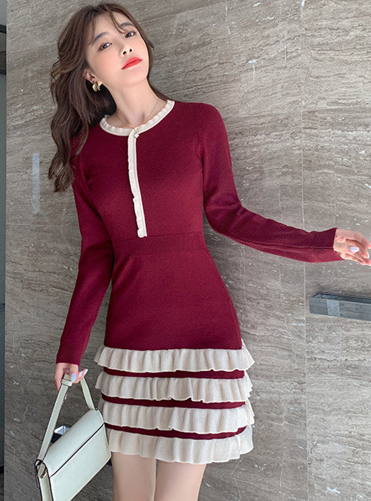 CM-DF091910 Women Casual Seoul Style Round Neck Layered Flouncing Knit Dress - Wine Red