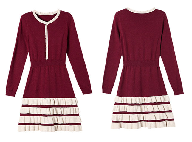 CM-DF091910 Women Casual Seoul Style Round Neck Layered Flouncing Knit Dress - Wine Red