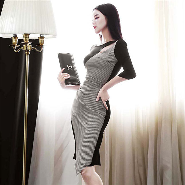 CM-DF092119 Women Retro Seoul Style 3/4 Sleeve Houndstooth Skinny Dress