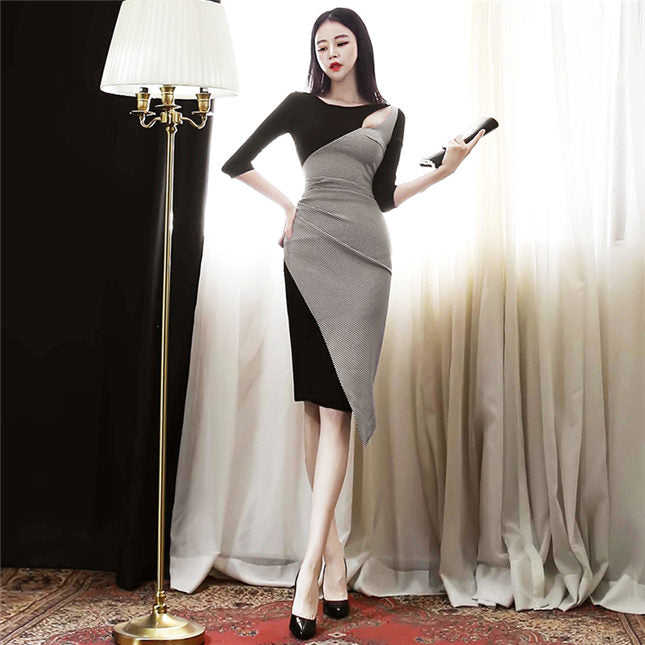 CM-DF092119 Women Retro Seoul Style 3/4 Sleeve Houndstooth Skinny Dress