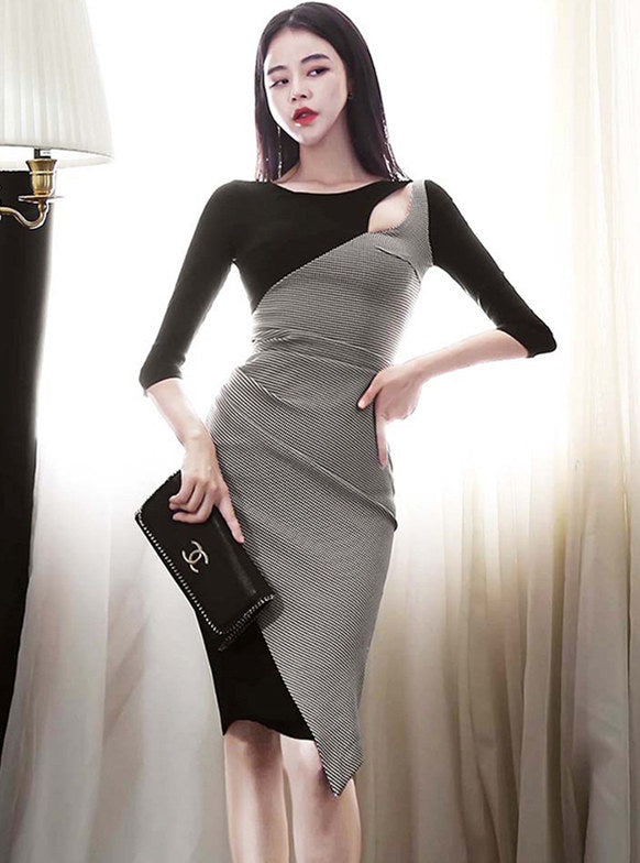 CM-DF092119 Women Retro Seoul Style 3/4 Sleeve Houndstooth Skinny Dress