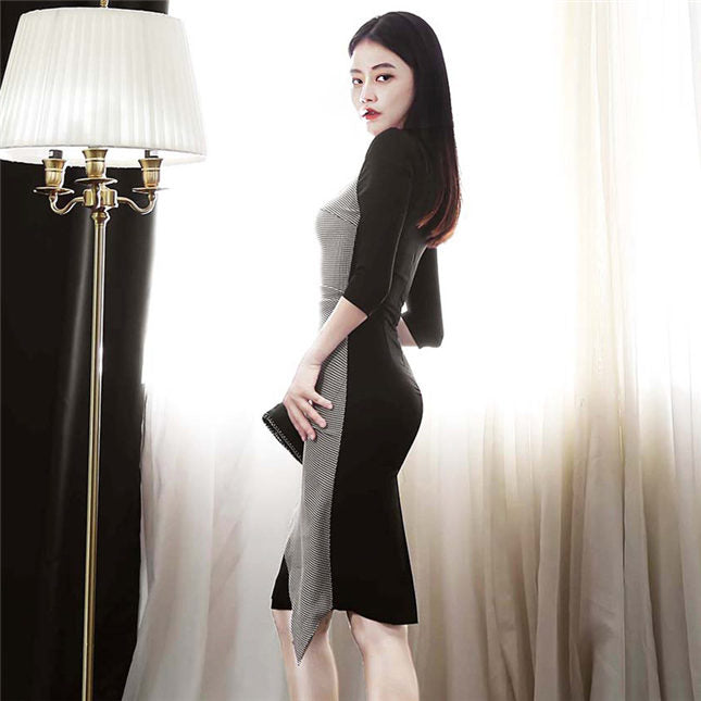 CM-DF092119 Women Retro Seoul Style 3/4 Sleeve Houndstooth Skinny Dress