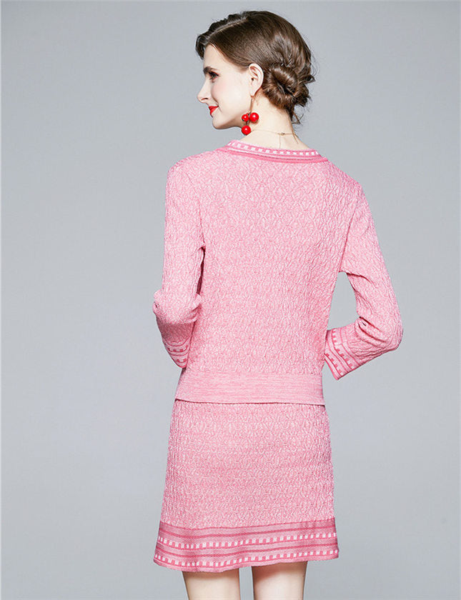 CM-SF092306 Women Charming European Style Buttons V-Neck Pink Knitting Dress Set (Available in 2 colors)