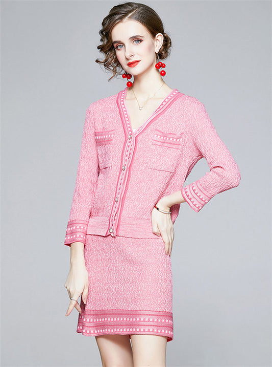 CM-SF092306 Women Charming European Style Buttons V-Neck Pink Knitting Dress Set (Available in 2 colors)