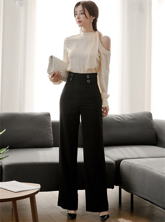 CM-SF092615 Women Elegant Seoul Style Off Shoulder Blouse With High Waist Long Pants - Set