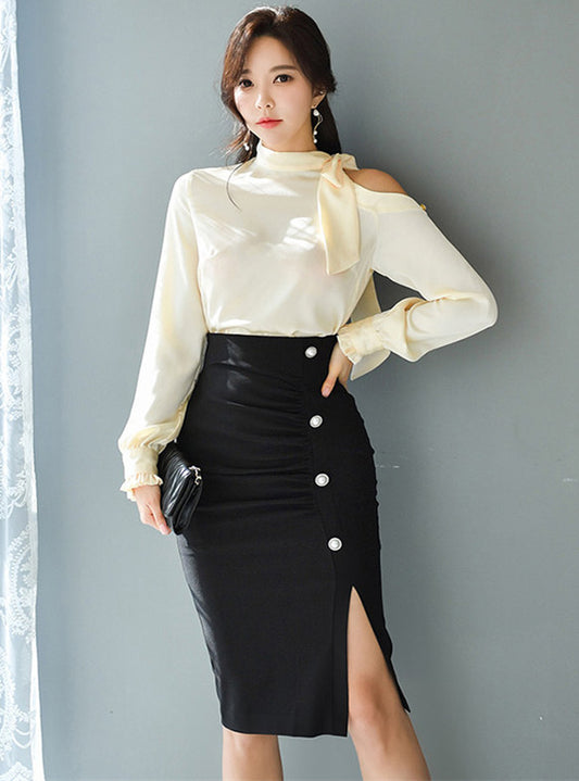 CM-SF092616 Women Casual Seoul Style Tie Collar Blouse With Single-Breasted Midi Skirt - Set