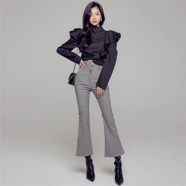 CM-SF092919 Women Elegant Seoul Style Flouncing Blouse With Houndstooth Slim Long Pants - Set