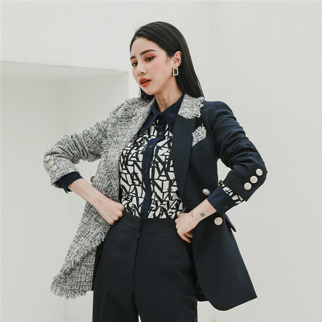 CM-SF100302 Women Elegant Seoul Style Tailored Collar Woolen Long Leisure Suits - Set