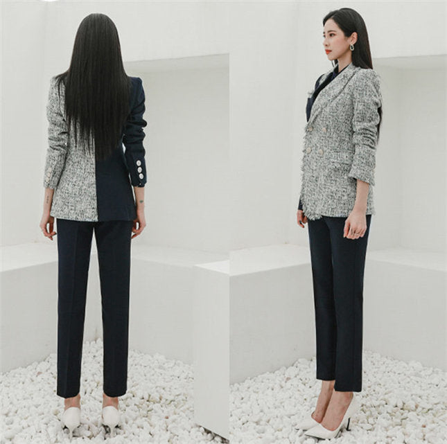 CM-SF100302 Women Elegant Seoul Style Tailored Collar Woolen Long Leisure Suits - Set