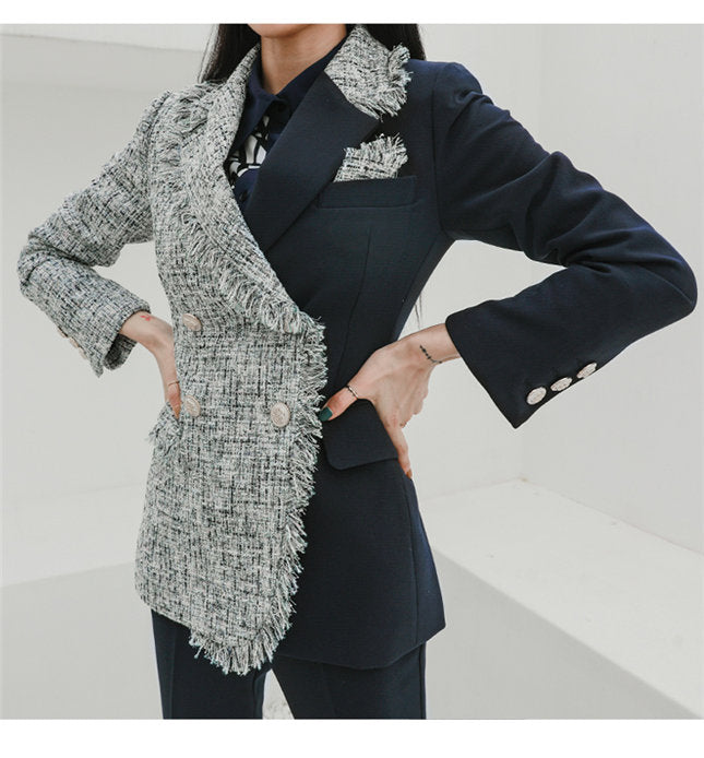 CM-SF100302 Women Elegant Seoul Style Tailored Collar Woolen Long Leisure Suits - Set