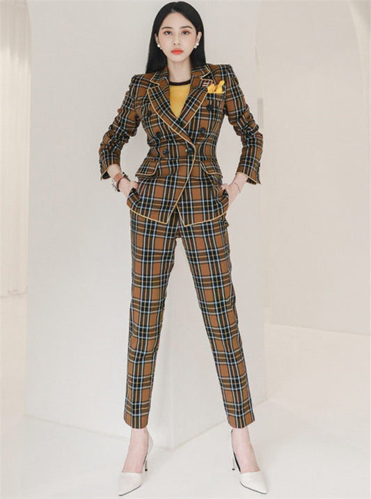 CM-SF100304 Women Classic Seoul Style Double-Breasted Plaids Long Suits - Set