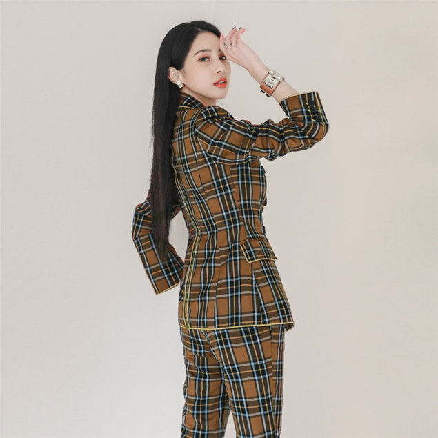 CM-SF100304 Women Classic Seoul Style Double-Breasted Plaids Long Suits - Set