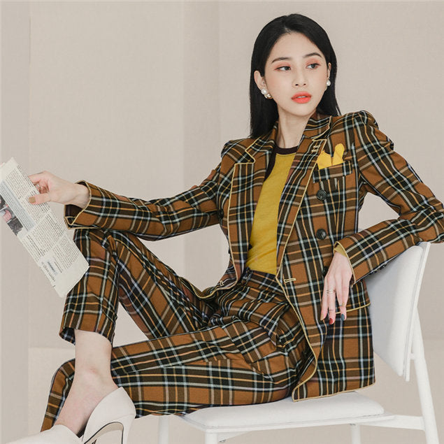 CM-SF100304 Women Classic Seoul Style Double-Breasted Plaids Long Suits - Set