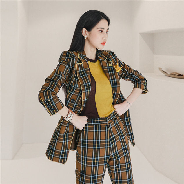 CM-SF100304 Women Classic Seoul Style Double-Breasted Plaids Long Suits - Set