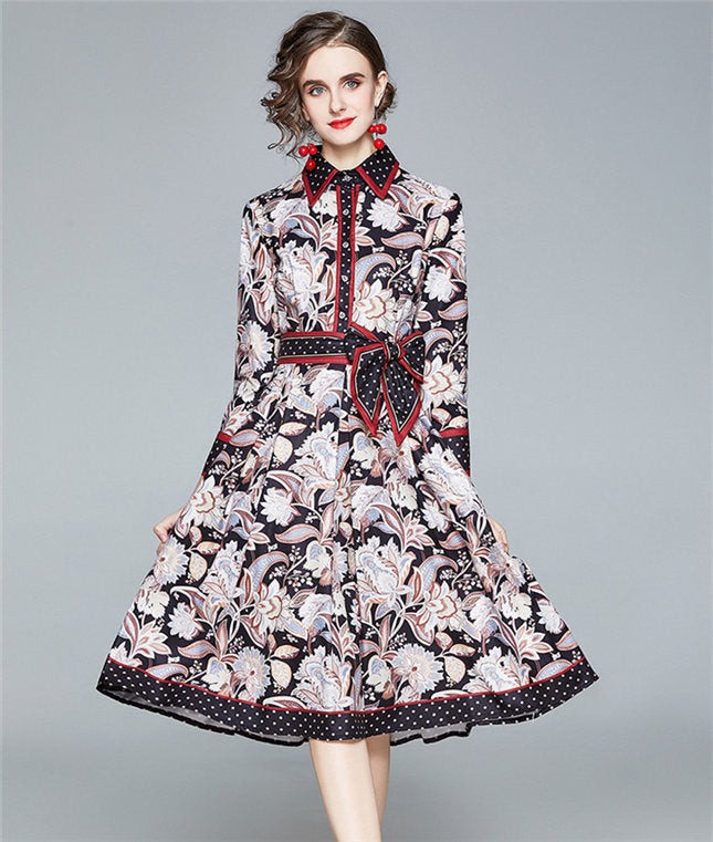 CM-DF100419 Women Retro European Style Long Sleeve Tie Collar Floral A-Line Dress