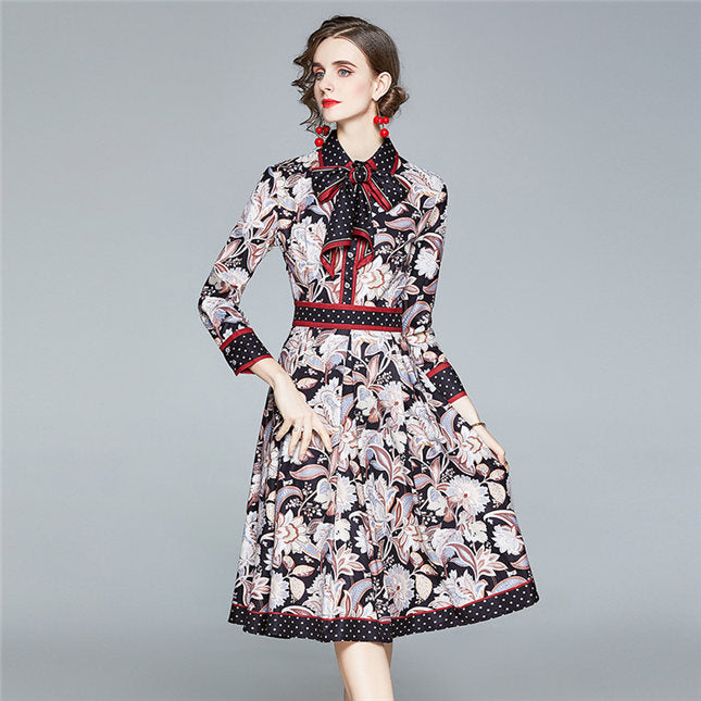 CM-DF100419 Women Retro European Style Long Sleeve Tie Collar Floral A-Line Dress