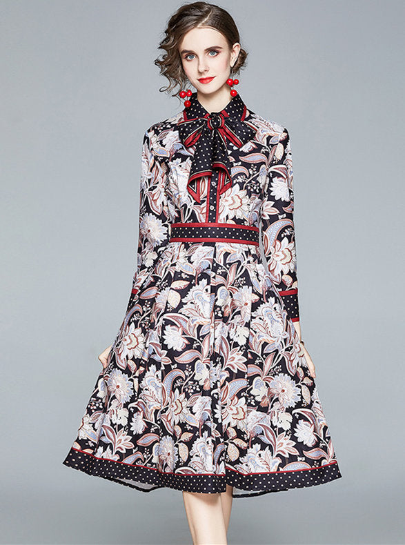 CM-DF100419 Women Retro European Style Long Sleeve Tie Collar Floral A-Line Dress