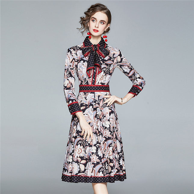 CM-DF100419 Women Retro European Style Long Sleeve Tie Collar Floral A-Line Dress