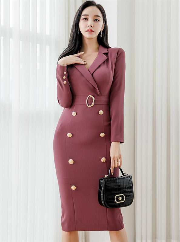 CM-DF100605 Women Elegant Seoul Style Double-Breasted Tailored Collar Slim Dress