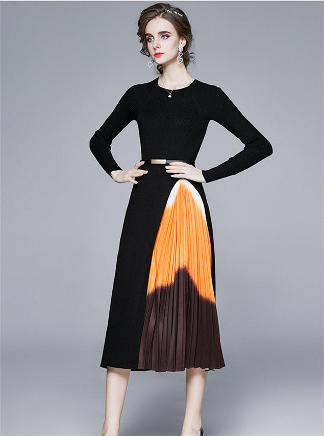 CM-DF100610 Women Elegant Euroepan Style Color Block Pleated Knitting Long Dress - Black
