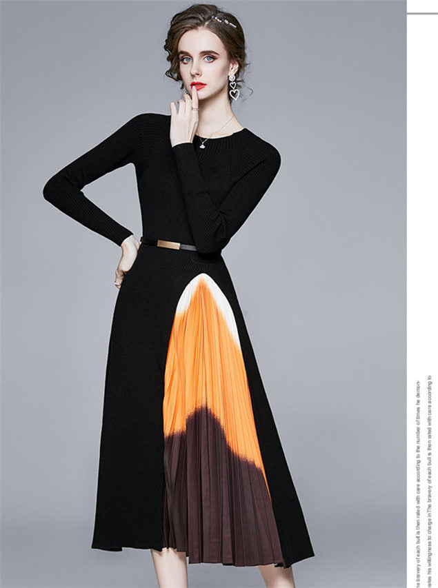 CM-DF100610 Women Elegant Euroepan Style Color Block Pleated Knitting Long Dress - Black