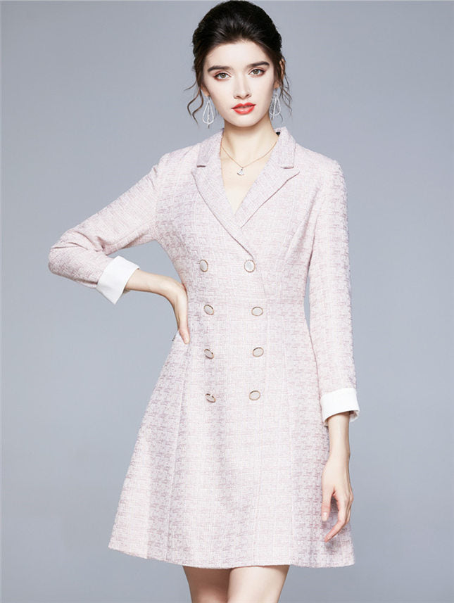 CM-DF100801 Women Elegant European Style Double-Breasted Tailored Collar Tweed Dress - Pink