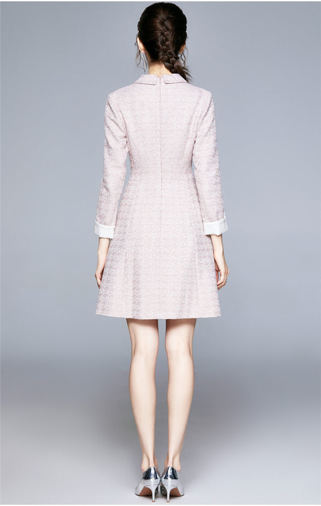 CM-DF100801 Women Elegant European Style Double-Breasted Tailored Collar Tweed Dress - Pink