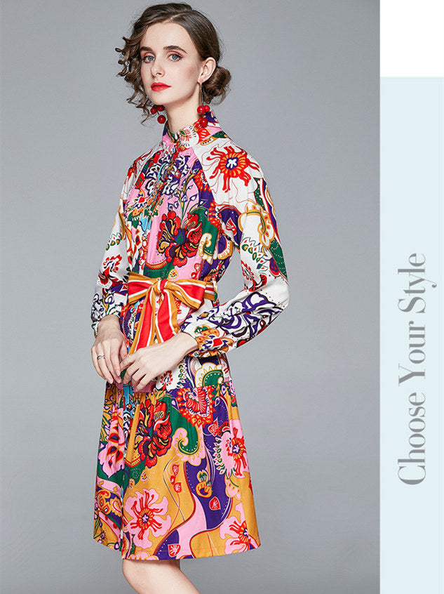 CM-DF101017 Women Elegant European Style Single-Breasted Tie Waist Floral Dress