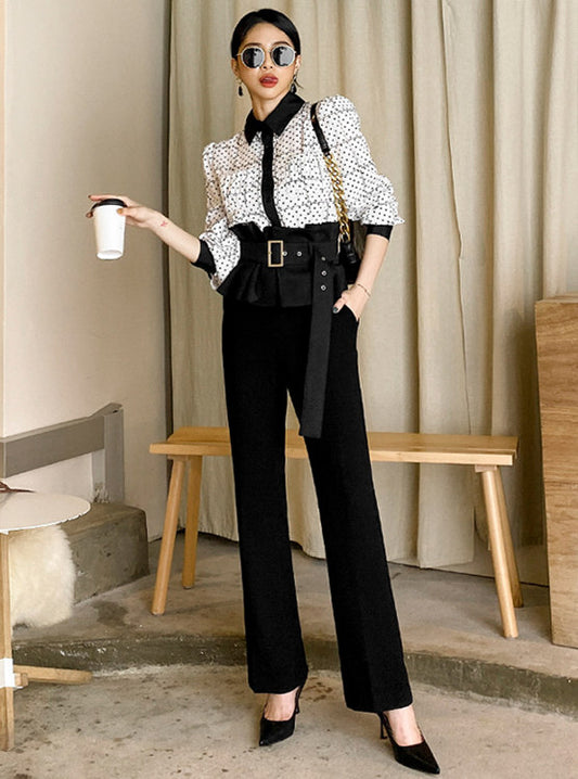 CM-SF101115 Women Elegant Seoul Style Dots Loosen Blouse With High Waist Long Pants - Set