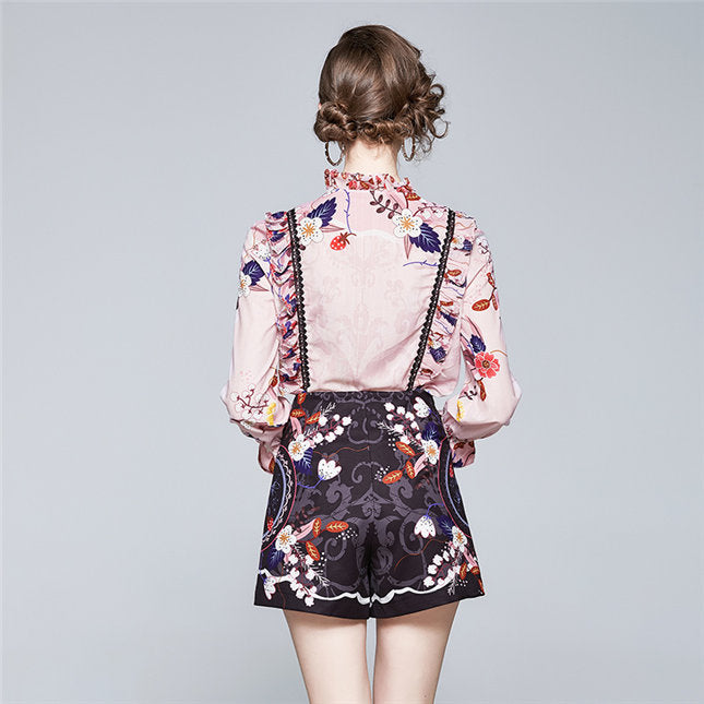 CM-SF101217 Women Elegant European Style Bowknot Collar Floral High Waist Suits - Set