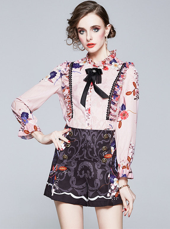 CM-SF101217 Women Elegant European Style Bowknot Collar Floral High Waist Suits - Set