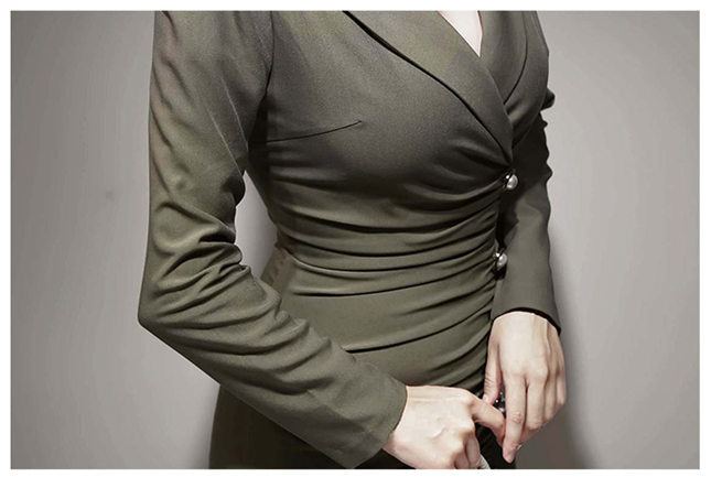 CM-DF101317 Women Elegant Seoul Style Tailored Collar Single-Breasted Pleated Skinny Dress
