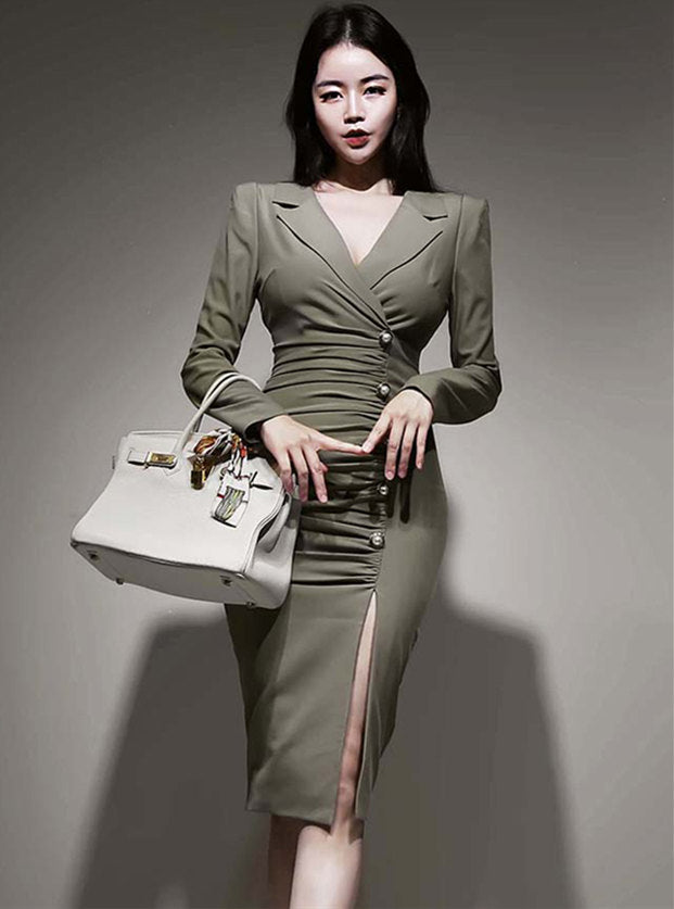 CM-DF101317 Women Elegant Seoul Style Tailored Collar Single-Breasted Pleated Skinny Dress