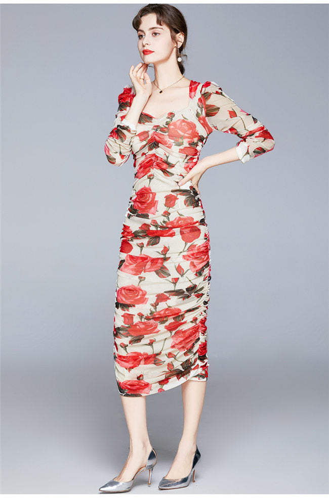 CM-DF101405 Women Charming European Style Square Collar Floral Pleated Slim Dress