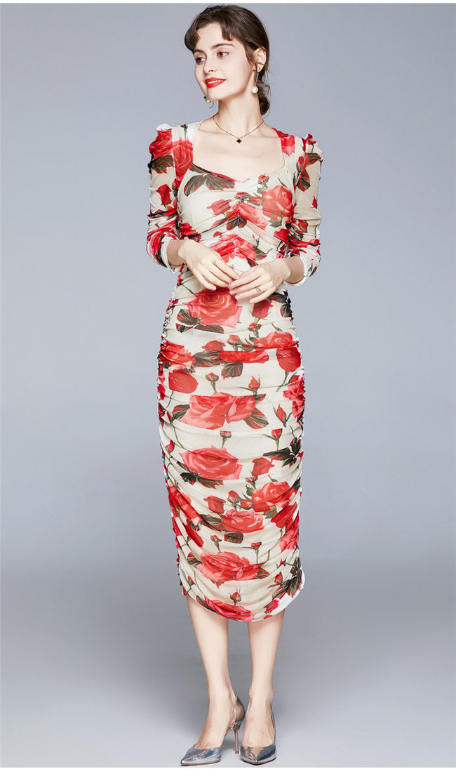 CM-DF101405 Women Charming European Style Square Collar Floral Pleated Slim Dress