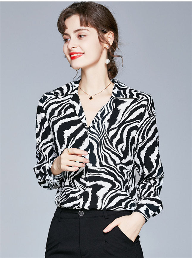 CM-TF101403 Women Casual European Style V-Neck Zebra Stripes Long Sleeve Blouse