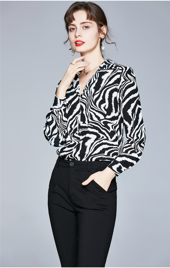 CM-TF101403 Women Casual European Style V-Neck Zebra Stripes Long Sleeve Blouse