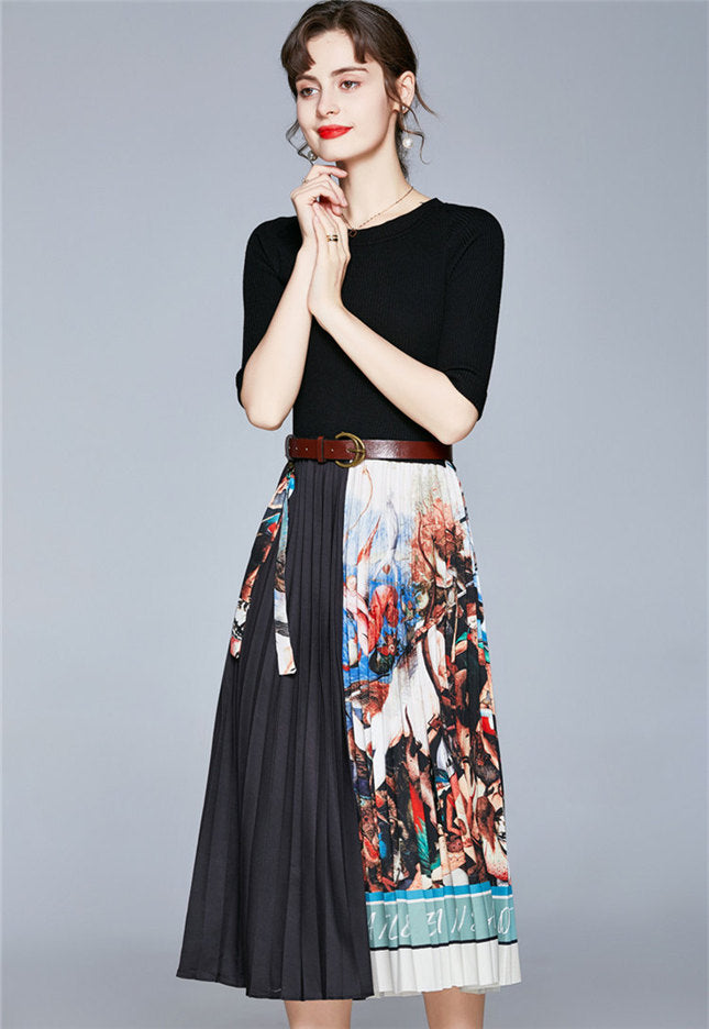 CM-DF101410 Women Retro European Style Knitting Color Block Pleated Long Dress - Black