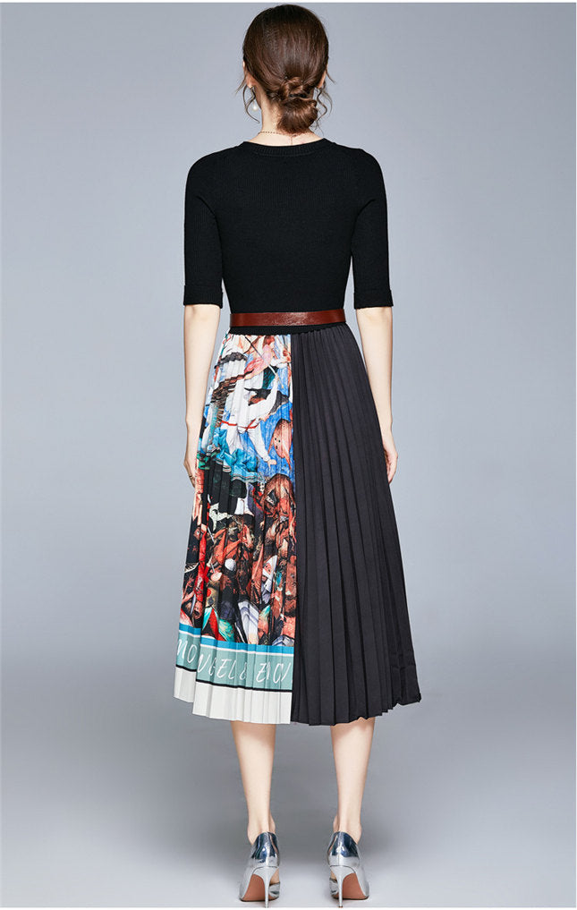 CM-DF101410 Women Retro European Style Knitting Color Block Pleated Long Dress - Black