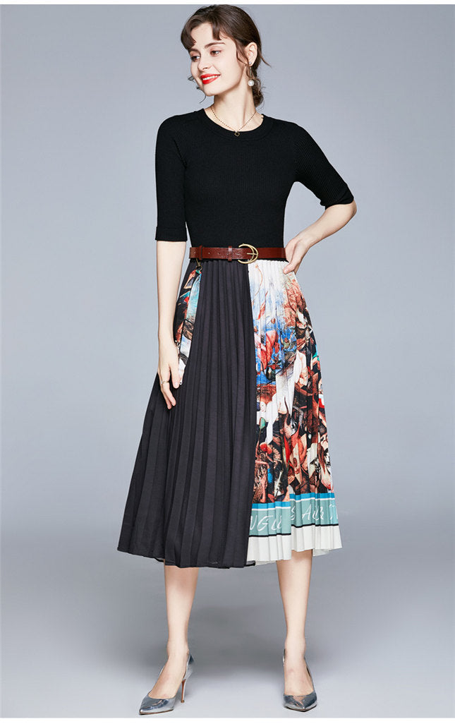 CM-DF101410 Women Retro European Style Knitting Color Block Pleated Long Dress - Black