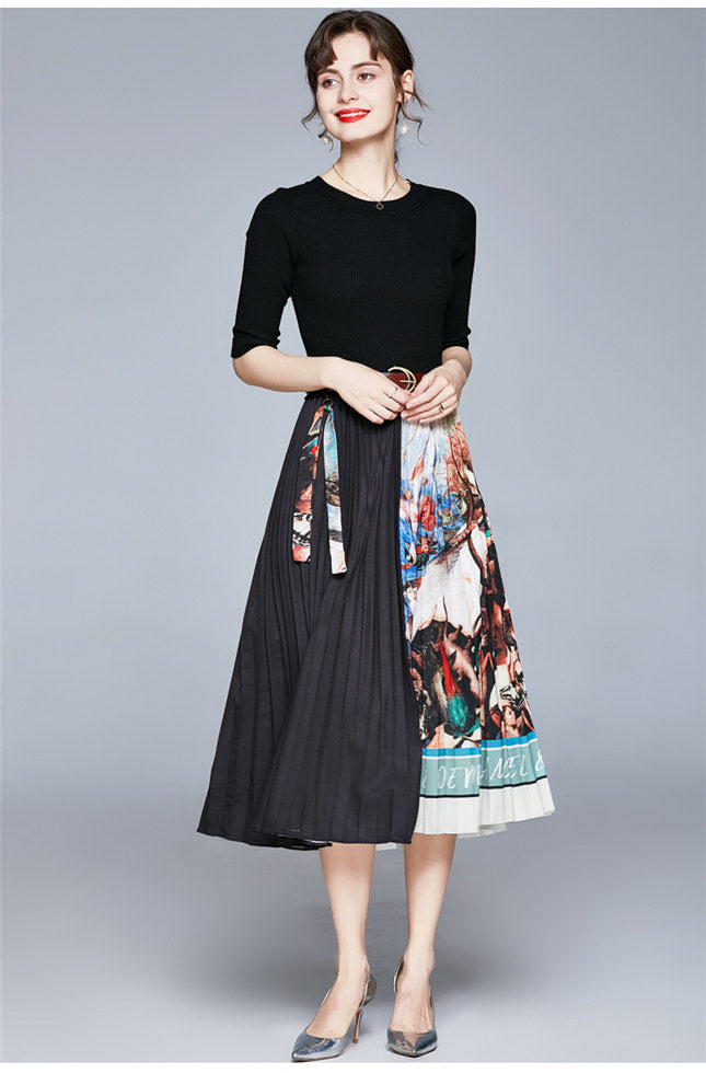 CM-DF101410 Women Retro European Style Knitting Color Block Pleated Long Dress - Black