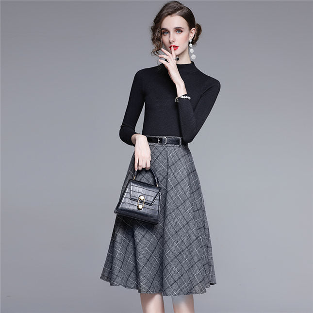 CM-SF101420 Women Casual European Style Knit Tops With Plaids A-Line Midi Skirt - Set