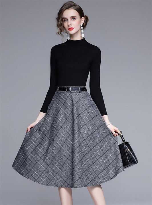 CM-SF101420 Women Casual European Style Knit Tops With Plaids A-Line Midi Skirt - Set